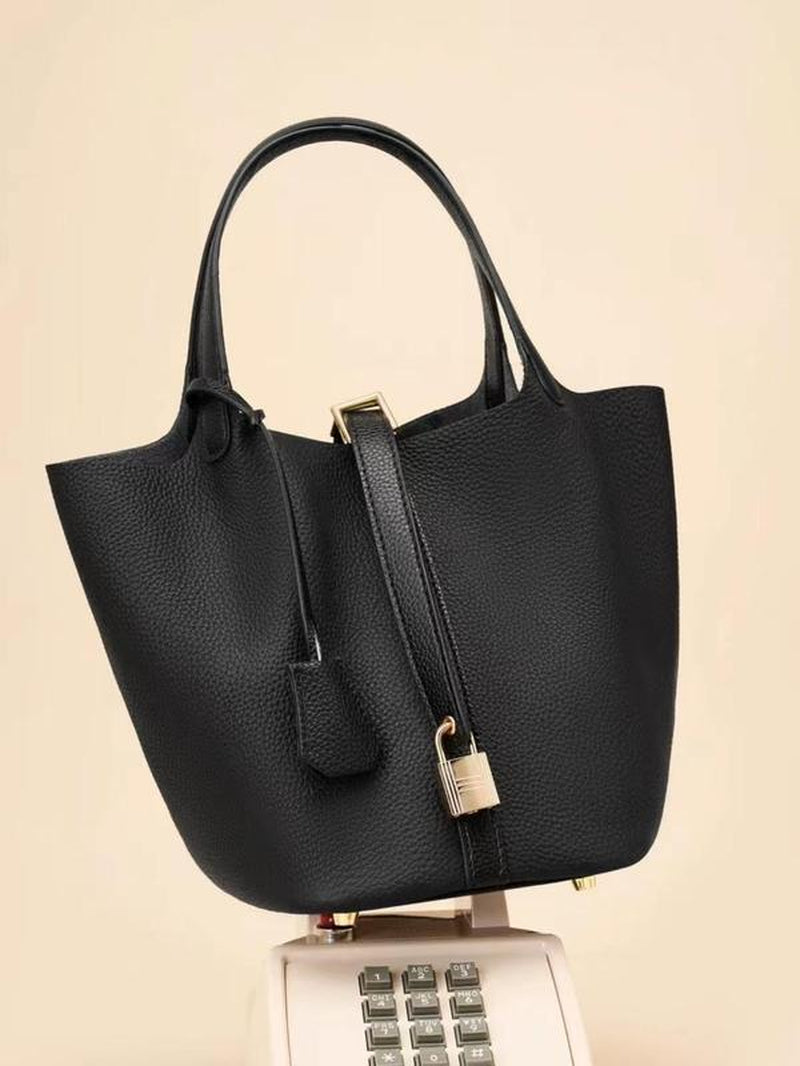 Women'S Fashionable Plain Color Leather Bag, Gifts for Girlfriend, Casual Versatile Handbag Satchel Purse with Lock Design, Trendy All-Match Handbag for Daily Use