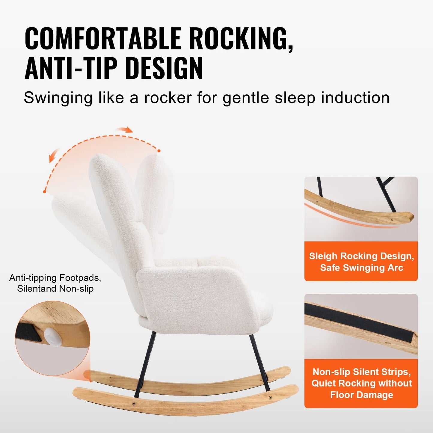 VEVOR Rocking Chair Nursery, Glider Rocking Chair with Soft Seat and High Backrest, Electric Chair 250 Lbs Weight Capacity Teddy Fabric, Upholstered Glider Rocker Chair for Nursery, Bedroom, Living Room, Ivory White