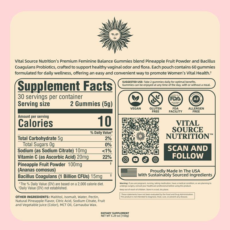 Vital Source Feminine Balance Gummies – Hawaiian Pineapple (New and Improved Packaging)