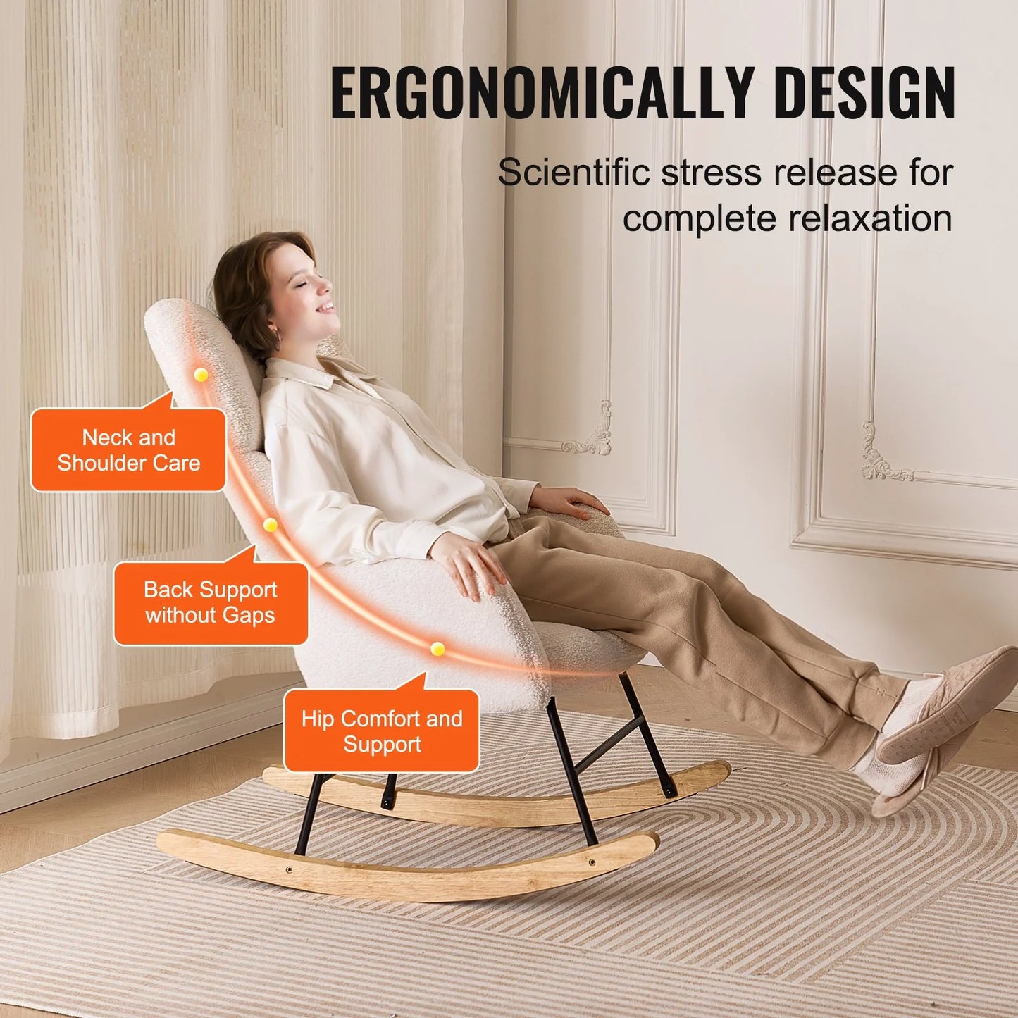 VEVOR Rocking Chair Nursery, Glider Rocking Chair with Soft Seat and High Backrest, Electric Chair 250 Lbs Weight Capacity Teddy Fabric, Upholstered Glider Rocker Chair for Nursery, Bedroom, Living Room, Ivory White