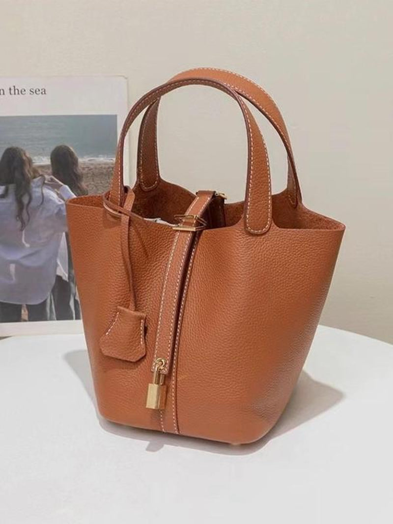 Women'S Fashionable Plain Color Leather Bag, Gifts for Girlfriend, Casual Versatile Handbag Satchel Purse with Lock Design, Trendy All-Match Handbag for Daily Use